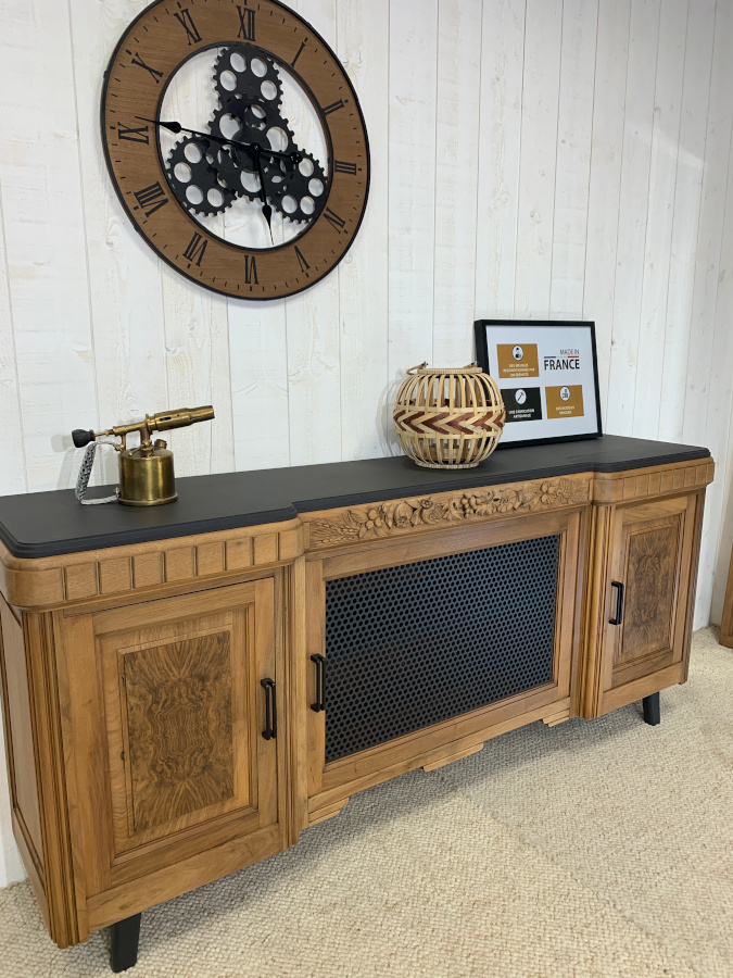 Enfilade en noyer et noir, meuble de type industriel, buffet de salon, meuble TV bois massif.