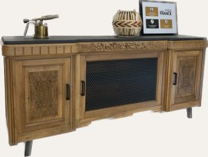 Enfilade en noyer et noir, meuble de type industriel, buffet de salon, meuble TV bois massif.