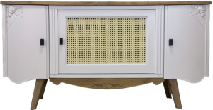 Enfilade rose poudré, meuble TV et buffet cannage.